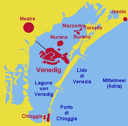 Mapa de la laguna de Venecia con
                            Venecia y otras islas pobladas