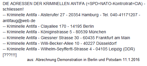 Antifa-Adressen: Diese
                          B�ror�umlichkeiten sollten sofort geschlossen
                          werden, denn von hier aus wird der Terror der
                          Antifa organisiert