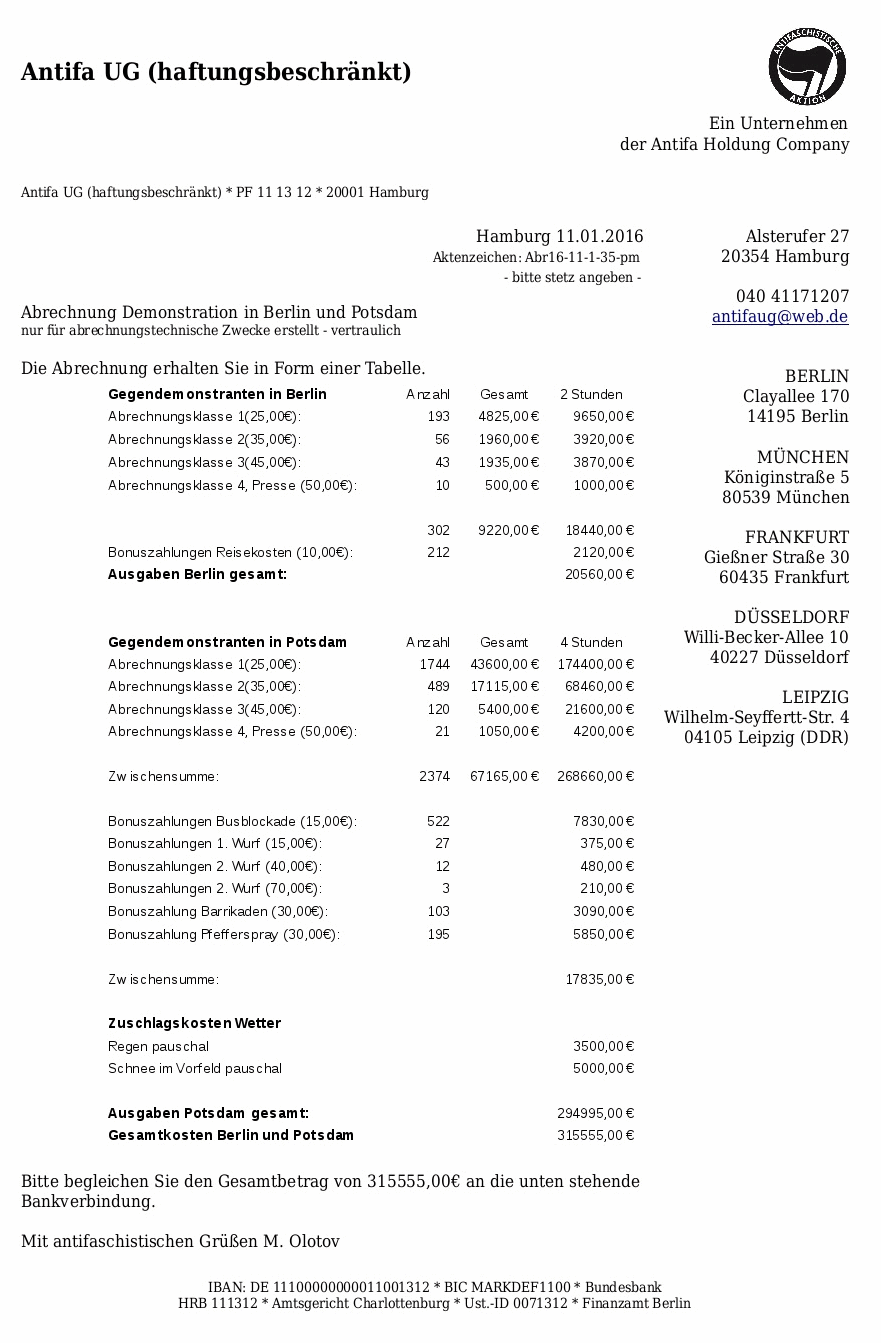 Eine Abrechnung der kriminellen
                          NATO-Antifa f�r 2 Gegendemonstrationen �ber
                          315.555 Euro vom 11. Januar 2016