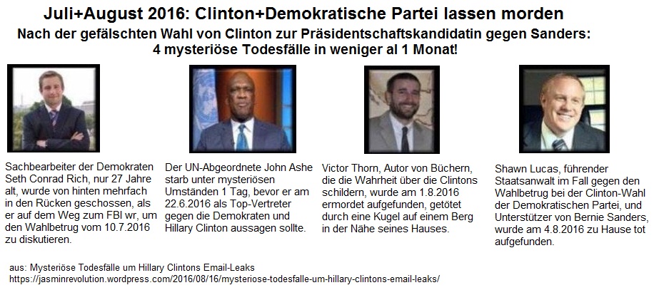 Die Medien
                          verschweigen uns: Clinton-Morde gegen
                          Aufkl�rer nach der gef�lschten Wahl gegen
                          Sanders