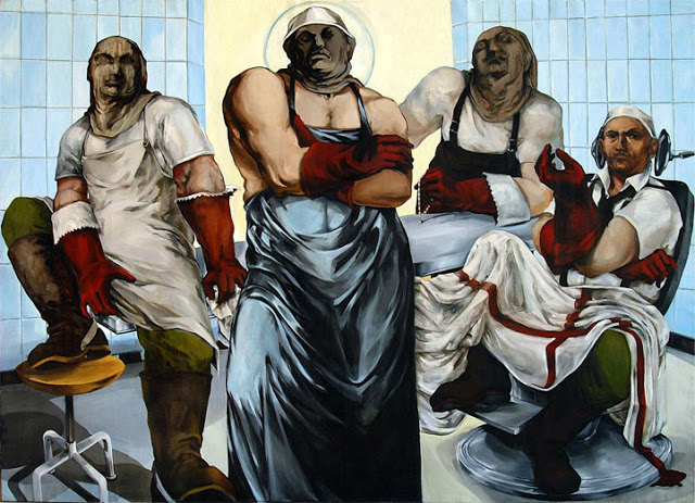 Podesta-Malerei mit Metzgern mit Gummimaske