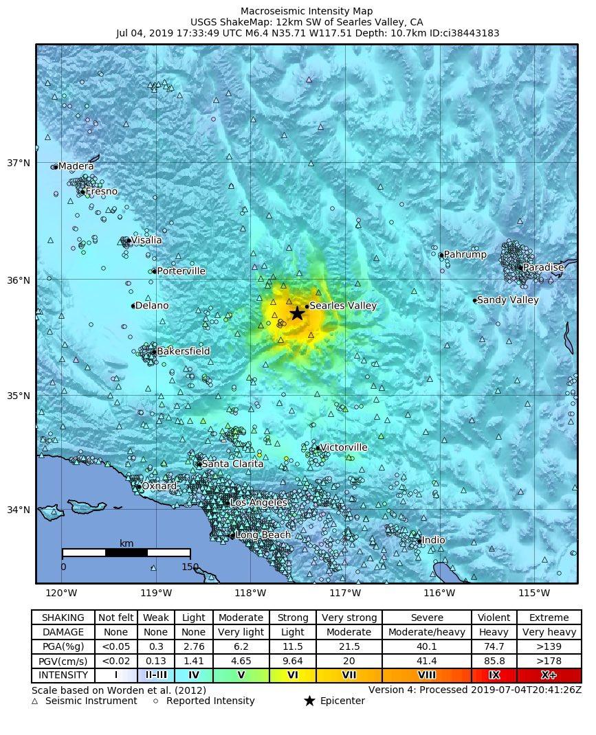 Karte mit der
                                    Basis China Lake und dem Erdbeben
                                    vom 4.Juli 2019 in Farbe